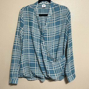 CAbi Windowpane Plaid Teal Wrap Blouse Long Sleeve